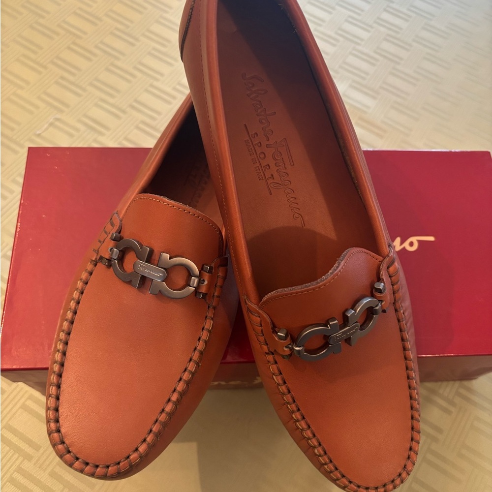 Salvatore Ferragamo Women’s Tan Loafers with Metal Accent